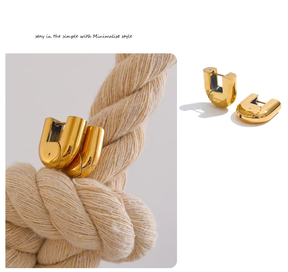 Yhpup 316L Edelstahl, glänzendes Metall, U-förmige hohle Creolen, 18 Karat PVD-beschichtete Textur, attraktiver Schmuck, wasserdicht – Detail 13
