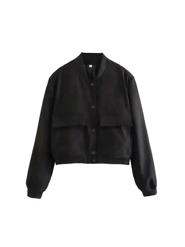 Chaqueta Bomber con bolsillos para mujer, abrigos Vintage de manga larga con botón frontal, prendas de vestir exteriores informales, Tops elegantes