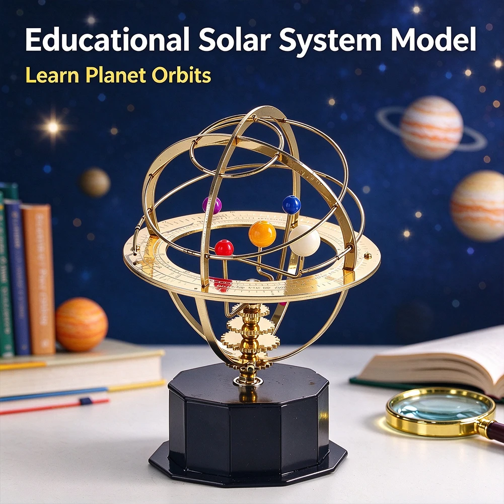Solar System Planetarium Model 16cm 275g Brass Armillary Sphere Orrery 5 Planets Educational Astronomy Science Desk Decor Gift