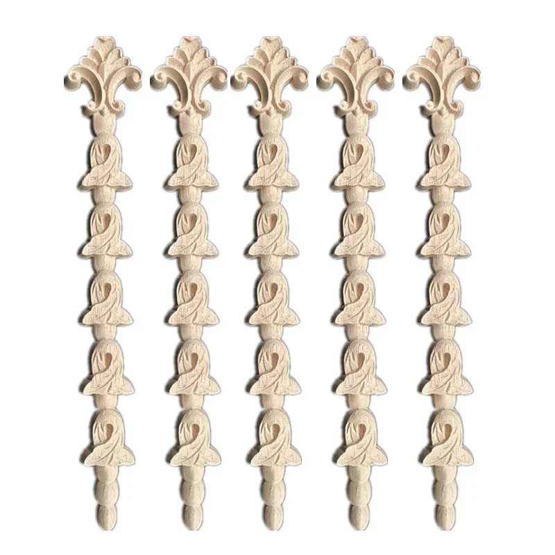 5PCS Wood Applique Onlay Figurines Carved Unpainted Ornamental Long Floral Leaves Wooden Furniture Doors Cabinet Window Home