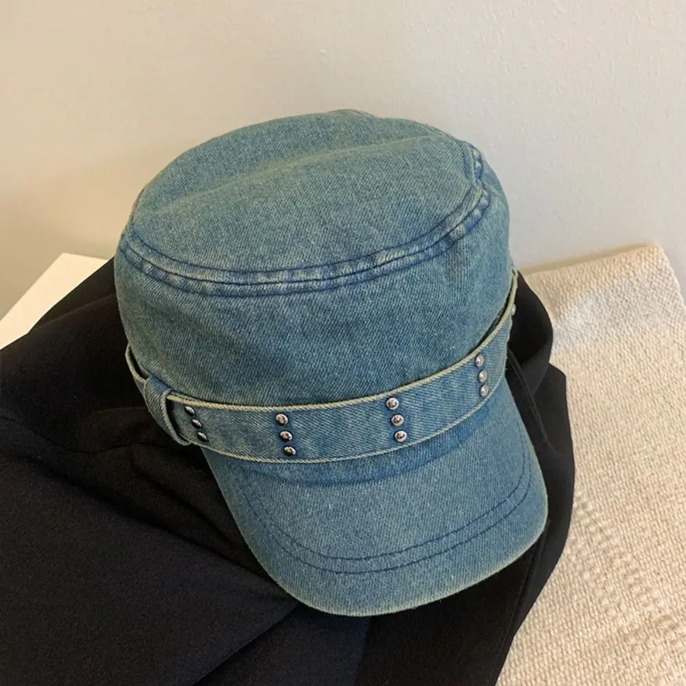 Lässige Flachkappe mit Nieten, Y2k, aus gewaschenem Denim, mit Schirm, Gothic-Visier, Kadettenkappe, für Herren und Damen – Detail 5