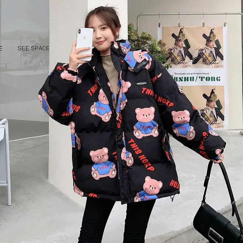 2022 new women\'s winter thickened bread coat printed bear clothes Japanese cute trend student hooded thickened bread coat