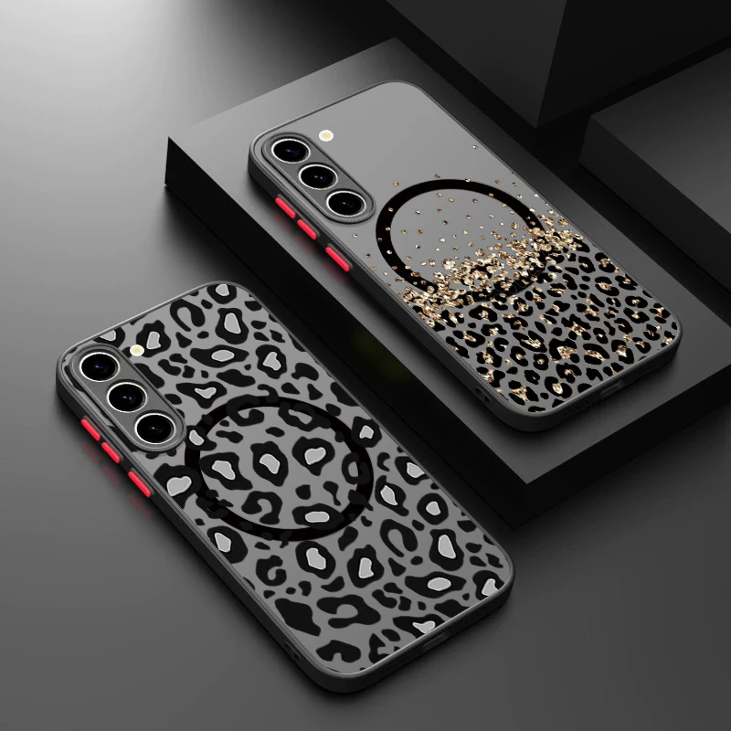 Leopardenmuster Magnetische Handyhülle für Samsung Galaxy S26 S25 S24 Ultra S23 S22 Plus S25 Edge S24 S23 S21 FE Acryl-Rückseite