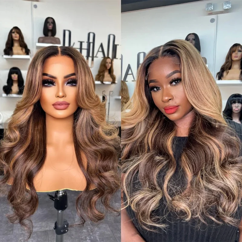 

Новинка, медово-коричневый блондин, мелирование, синтетические парики спереди, с темными корнями, предварительно выщипанная линия волос с детскими волосами, 28 дюймов