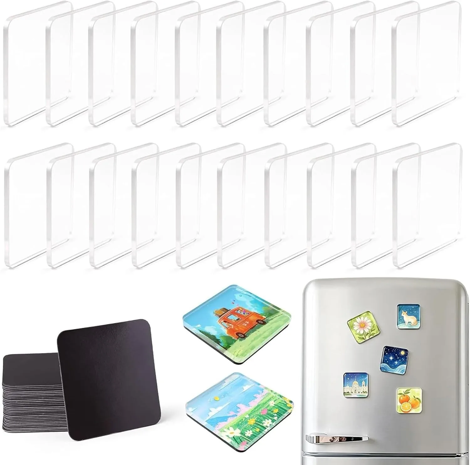 25 ensembles d'aimants de réfrigérateur en acrylique transparent, cadres photo carrés pour aimants, pour la décoration de réfrigérateur, tableau blanc, armoire, salle de classe et bureau.