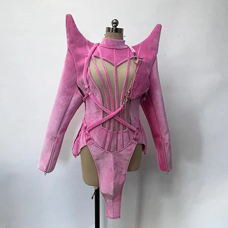 2026 Sexy Pink Velvet Bodysuit Stand Shoulder Singer Dancer Stage Costume Drag Queen Clothing Gogo Dance Wear Rave Outfit yj010