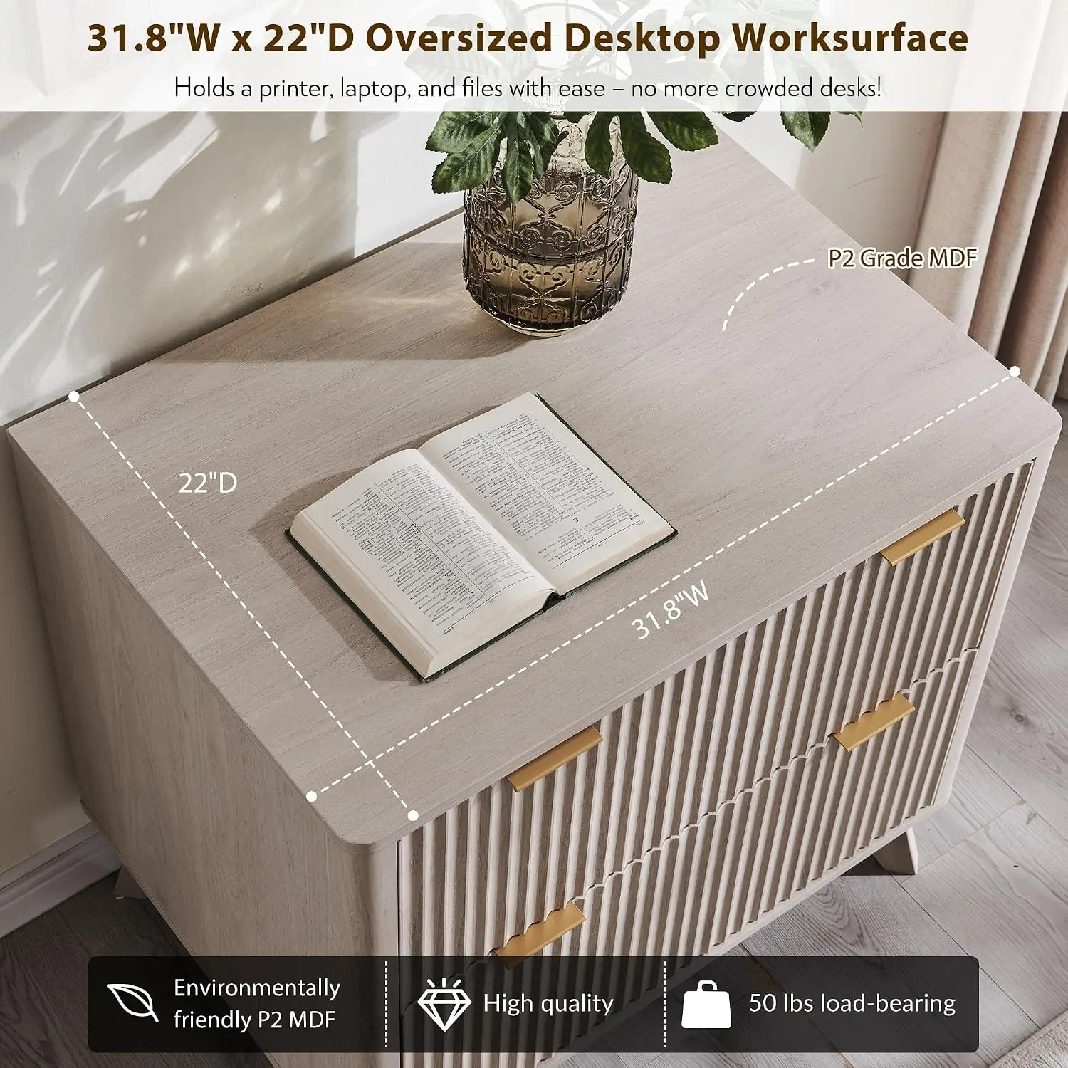 31.8-Inch Fluted 2-Drawer Lateral File Cabinet, Alder White, Customized