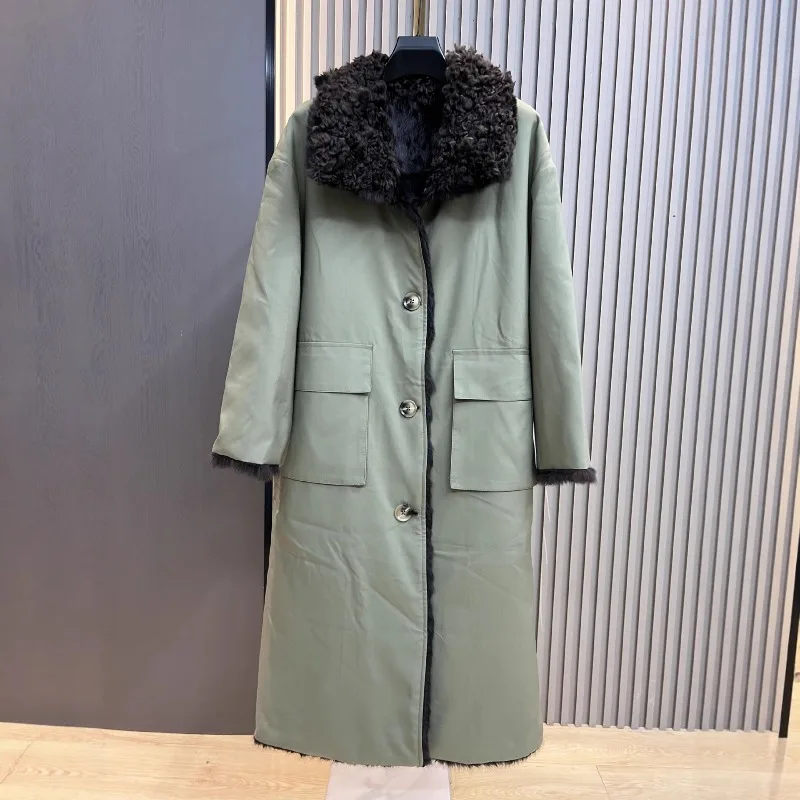 Winter New Style Rabbit Faux Fur Reversible Thickened Warm Woolen Collar Simple Loose Wide Long Furry Coat Long Sleeves Jacket