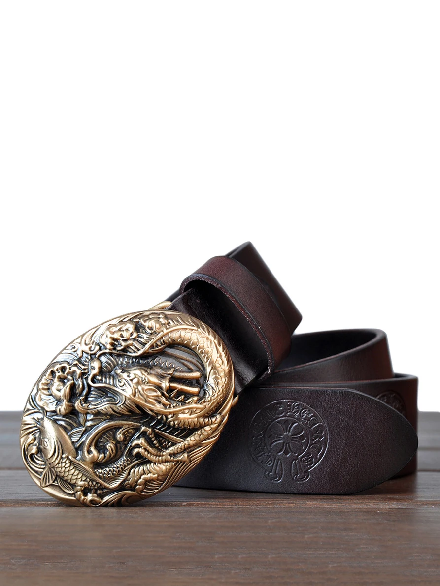 retro-genuine-leather-belt-men's-pure-brass-relief-buckle-new-style-cowboy-western-leather-belt-durable-for-casual-commuting