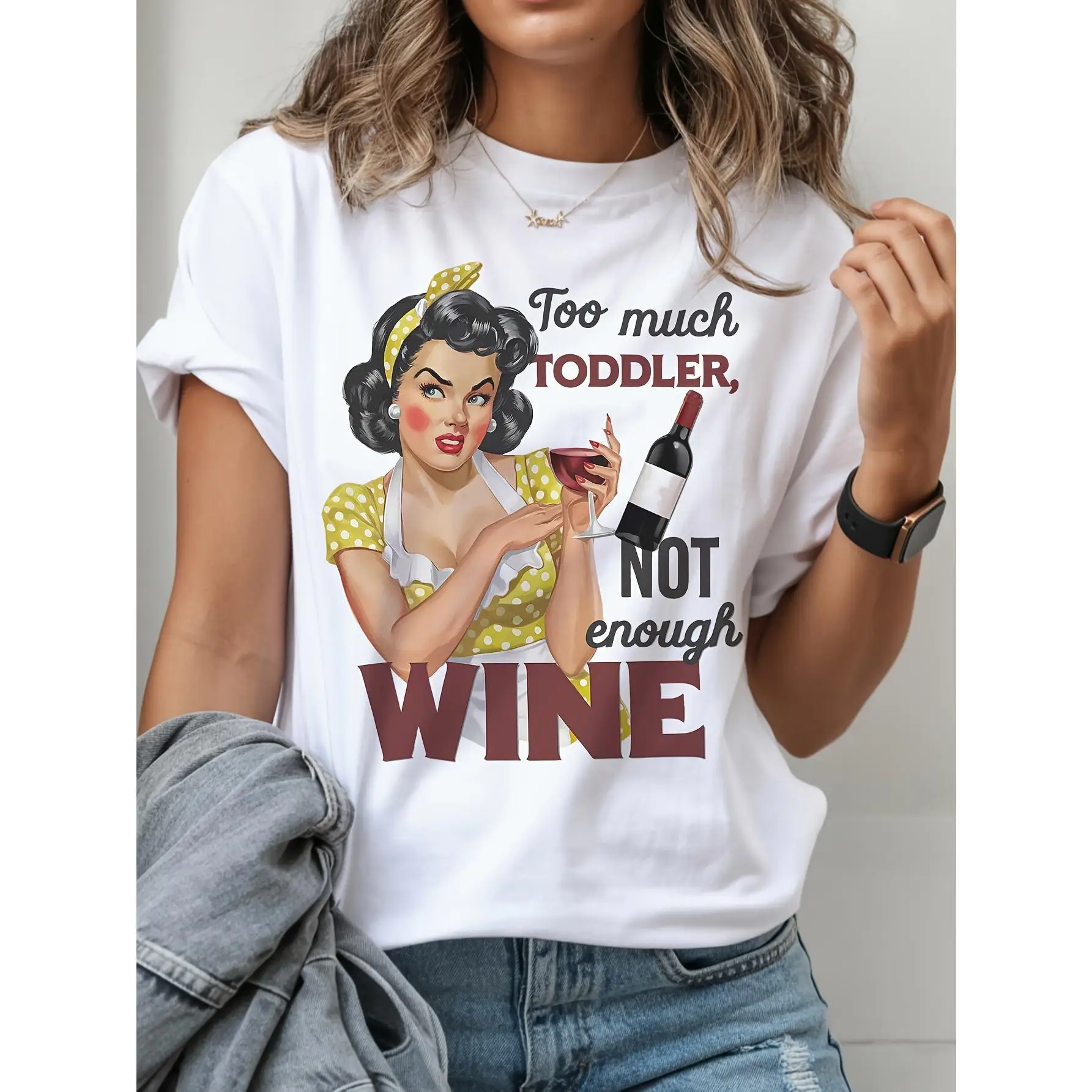 

Women's Sarcastic Retro Housewife T-Shirt - "Too Much, NOT Enough WINE" Graphic Tee, Casual Short Sleeve Round Neck Top, Soft