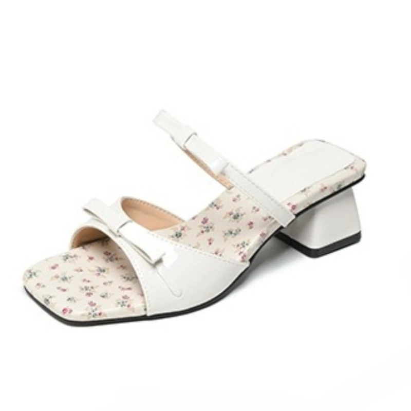 

Double Bowtie Slippers Women Patent Leather Sandals High Heels Shoes Ladies Flower Print Slides Beach Flipflops Femmes