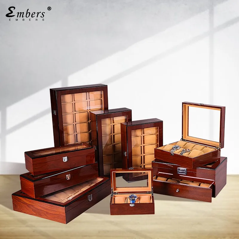 Embers Luxury Wooden Watch Box 3 5 6 8 10 Slots Wood Grain Storage Collection Black Box