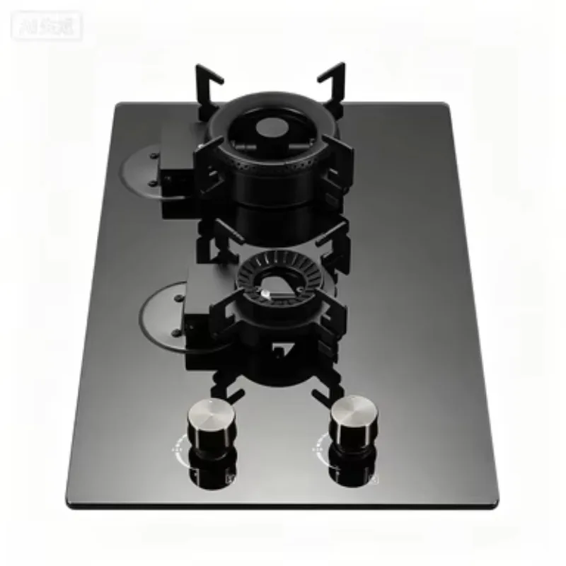 Black glass double-head gas cooktop with two knobs for home kitchens, easy to clean, tempered glass panel