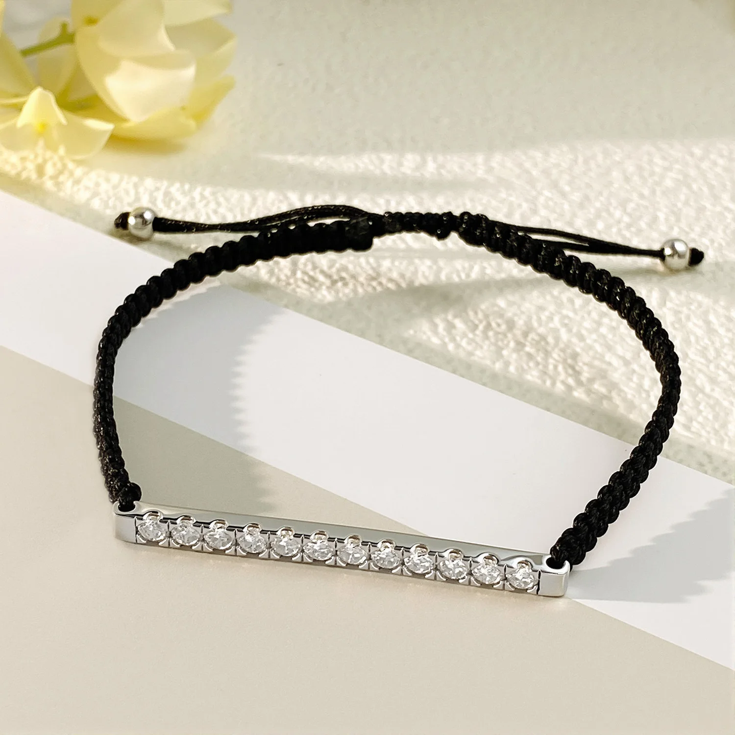 EWYA 2/3mm Moissanite Black Braided Rope Bracelet S925 Silver Minimalist Dainty Adjustable Hand Chain Jewelry Gift for Women Men