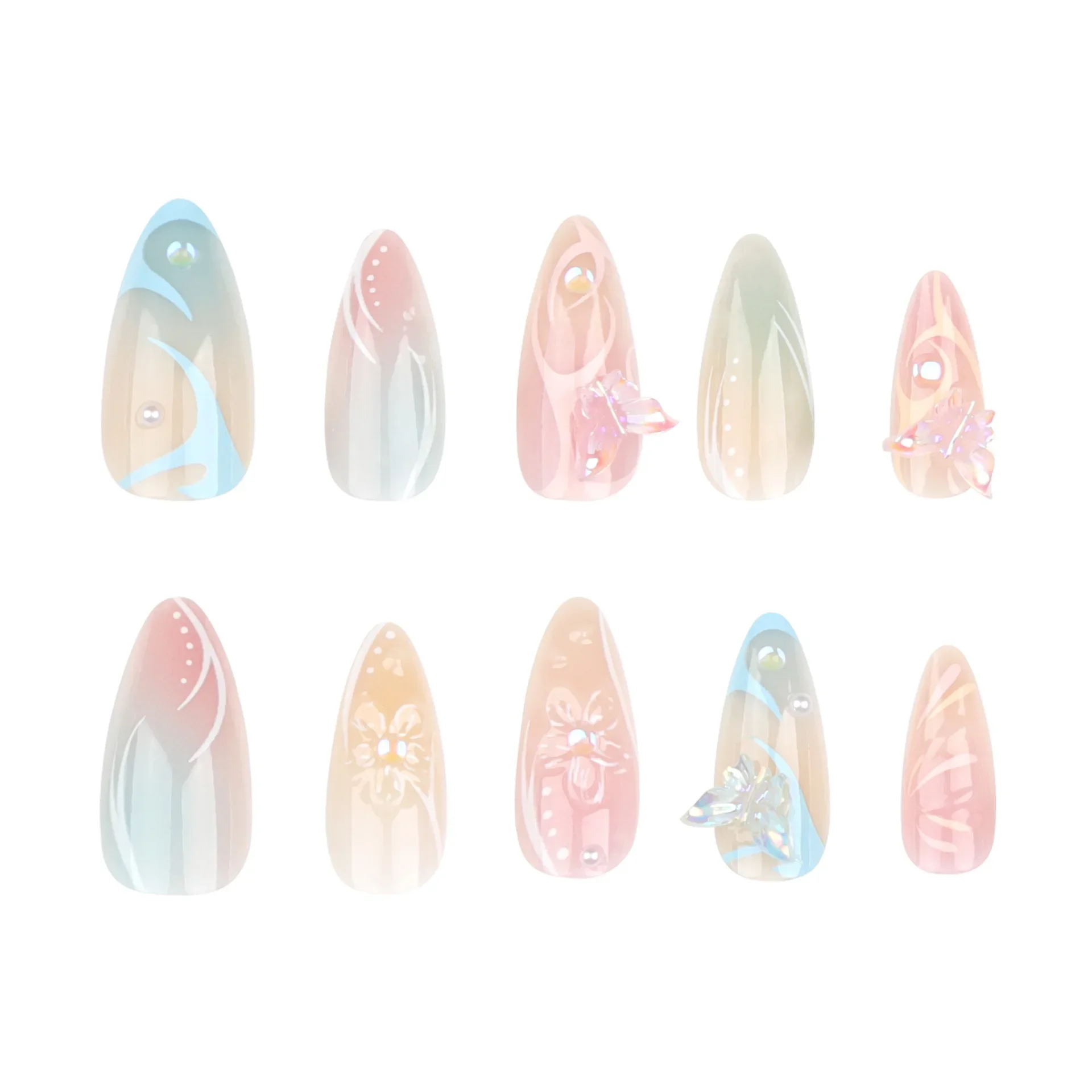 24pcs Summer Fake Nails Press on Almond Wearable 3D Butterfly Flower Short Almond False Nails Smudging Bubble Bead False Nails