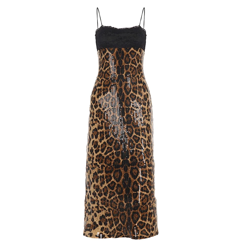 Vestido ajustado con estampado de leopardo y purpurina para mujer, vestido Sexy ajustado con cuello oblicuo, sin mangas, moda de verano 2025