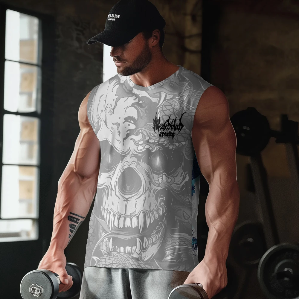 Halloween Vicious Skull Dragon Print Gym Casual Tank Top Sleeveless Thin Train Vest Youth Men's Sports Fitness Vest