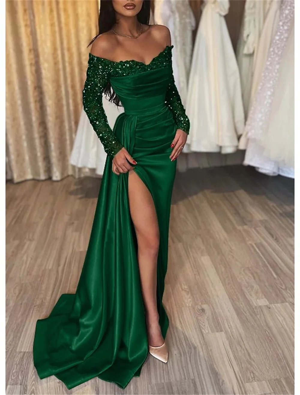 Sansa Mermaid Satin Prom Dresses Off Shoulder Vestidos De Noche Customized Long SLeeves Sexy Side High Split Formal Evening