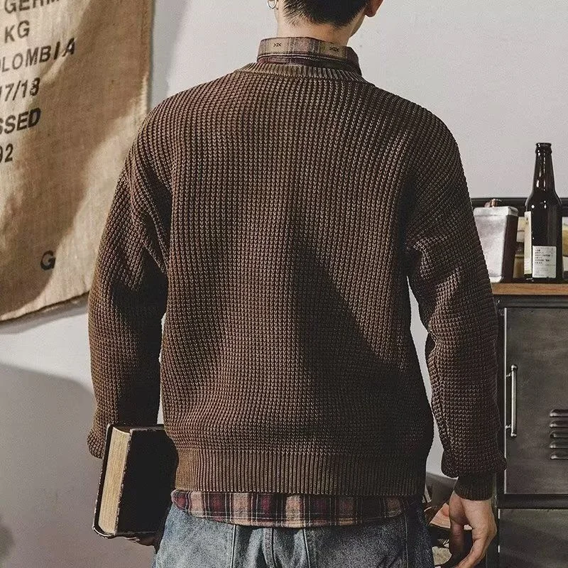 Camisola americana Vintage casual masculina, parte superior de malha manga longa, fio grosso, roupa básica versátil minimalista, gola redonda,