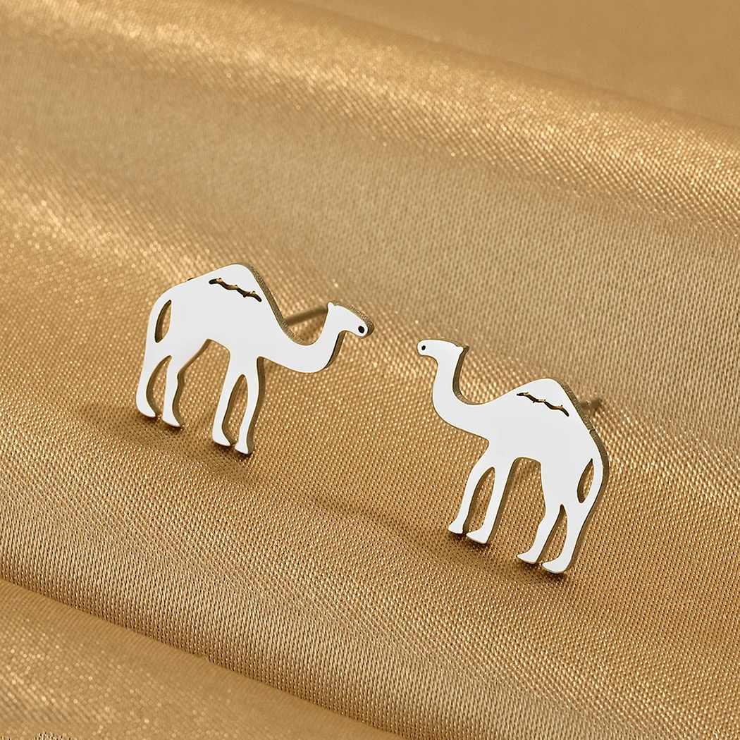 Stainless Steel Ear Studs Desert Camel Earrings for Women Fashion Studs Men\'s Punk Black Natural Inspired Animal Lover Jewelry