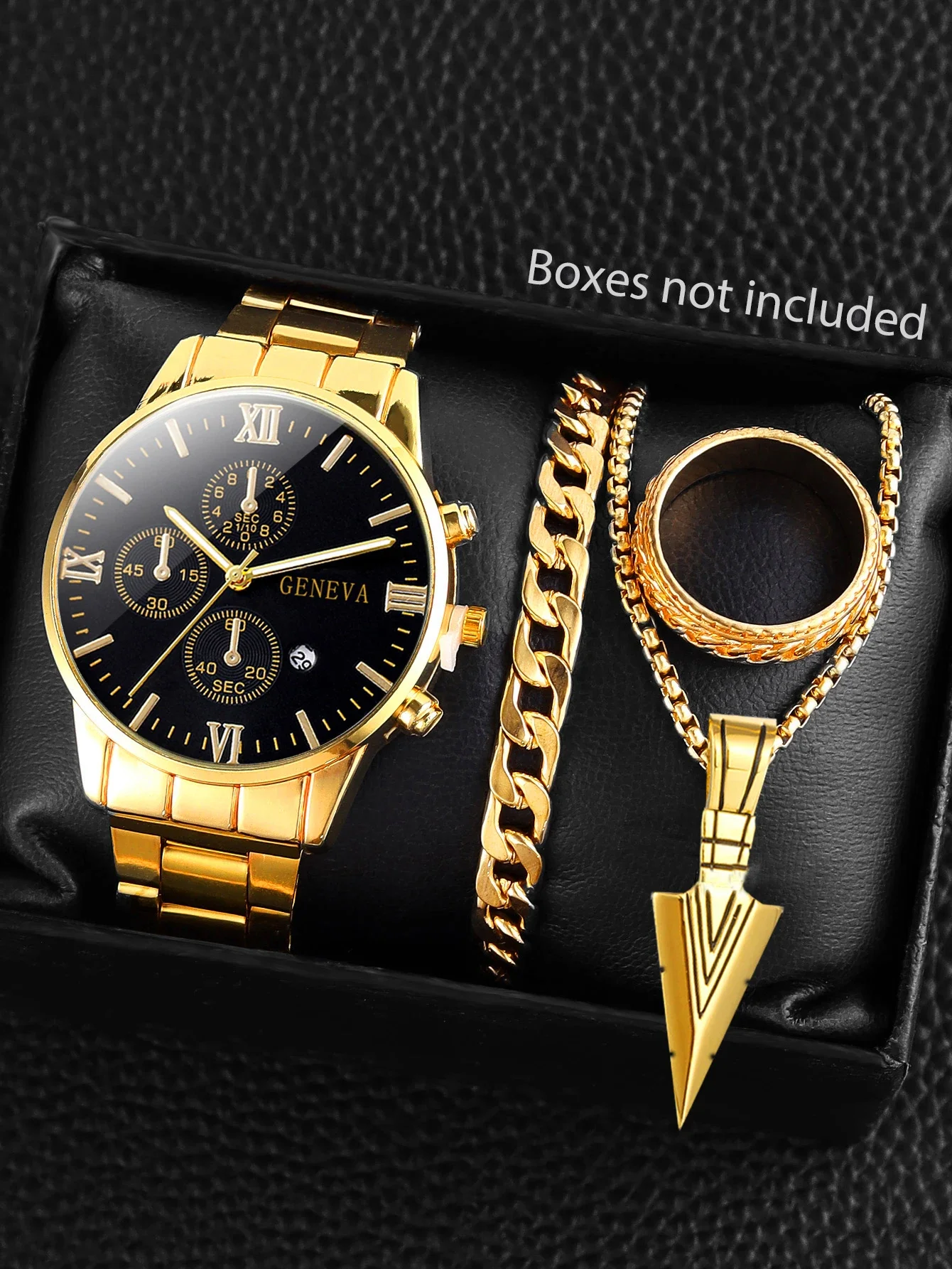 2. Fashion Men Gold‑Tone Business Wristwatch Decorative Chronograph Watch Bracelet Necklace Ring Jewelry Kit
