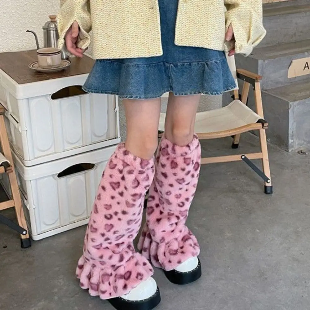 

Модные зимние гетры с леопардовым принтом Y2K, плиссированные плюшевые чехлы для ног, кавайные пушистые гетры, пряные девушки