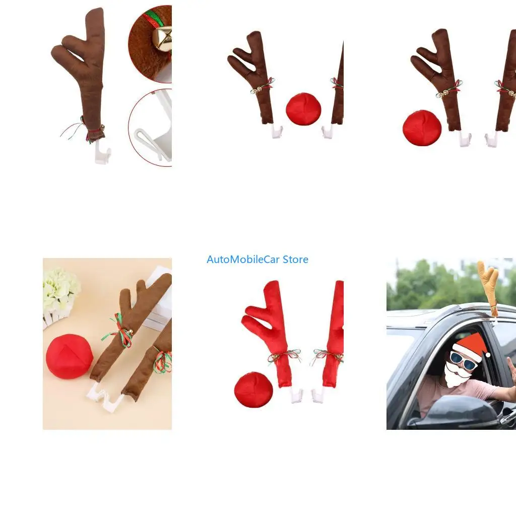 G8TE Reindeer Car Set Reindeer Car Antlers &  Nose Set Holiday Automobile Decorations Set Party Accessory