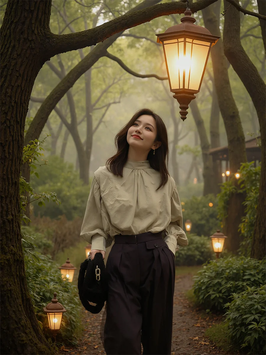 قميص امرأة س الرقبة نصف الياقة العالية الكورية نمط مطوي اللوحة الأمامية زر تصميم أنيق سيدة العمل مكتب أنثى بسيطة الأساسية