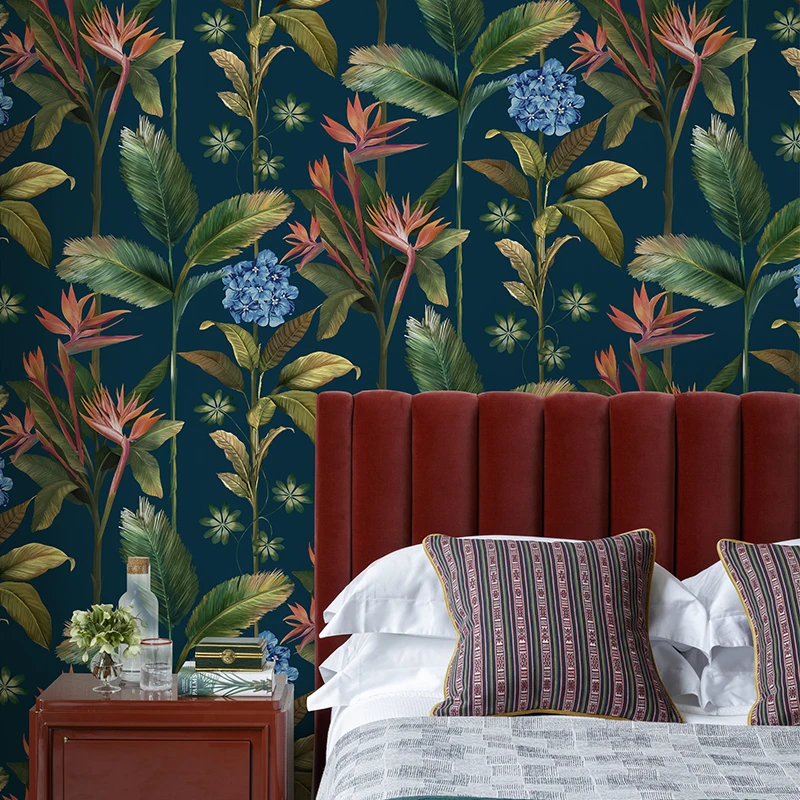 Papel tapiz Floral de bosque lluvioso Tropical, vinilo impermeable de pelar y pegar, decoración de pared, hojas azules, pegatina extraíble para