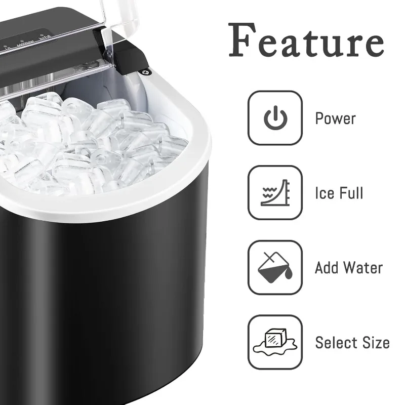 Countertop Ice Maker, Portable Ice Machine with Handle, Self-Cleaning, 26lbs in 24Hrs, 2 Sizes Bullet Shaped Ice