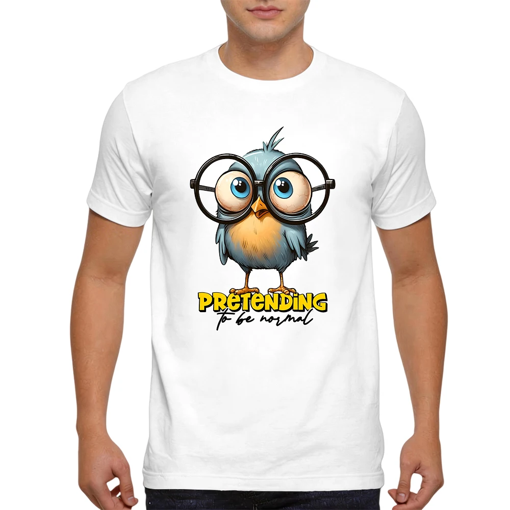 Mens 100% Cotton T Shirt Cute Blue Bird With Big Round Glasses Cartoon Letter Print Breathable Short Sleeve Daily Wear