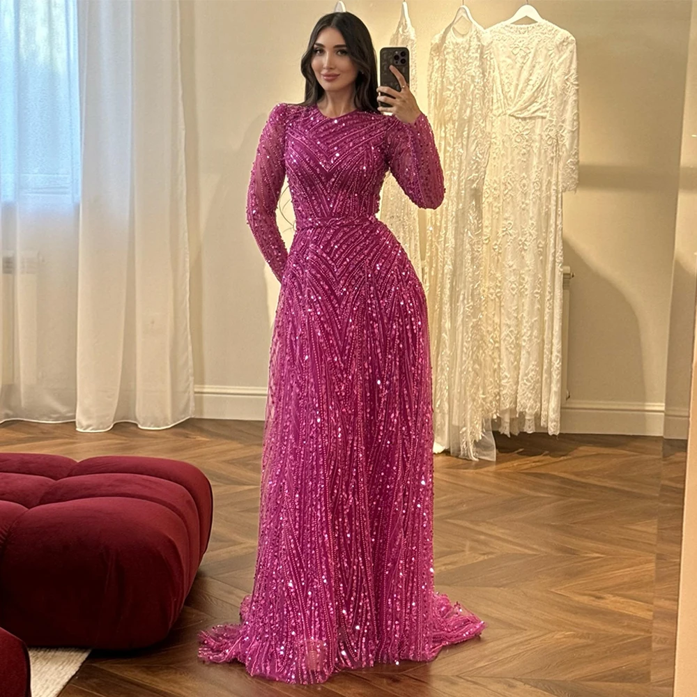 Sparkling Saudi Arabian Prom Dress Customized Round Neck Long Sleeves Beading Sequined Formal Occasion Dresses Evening Gown image 4
