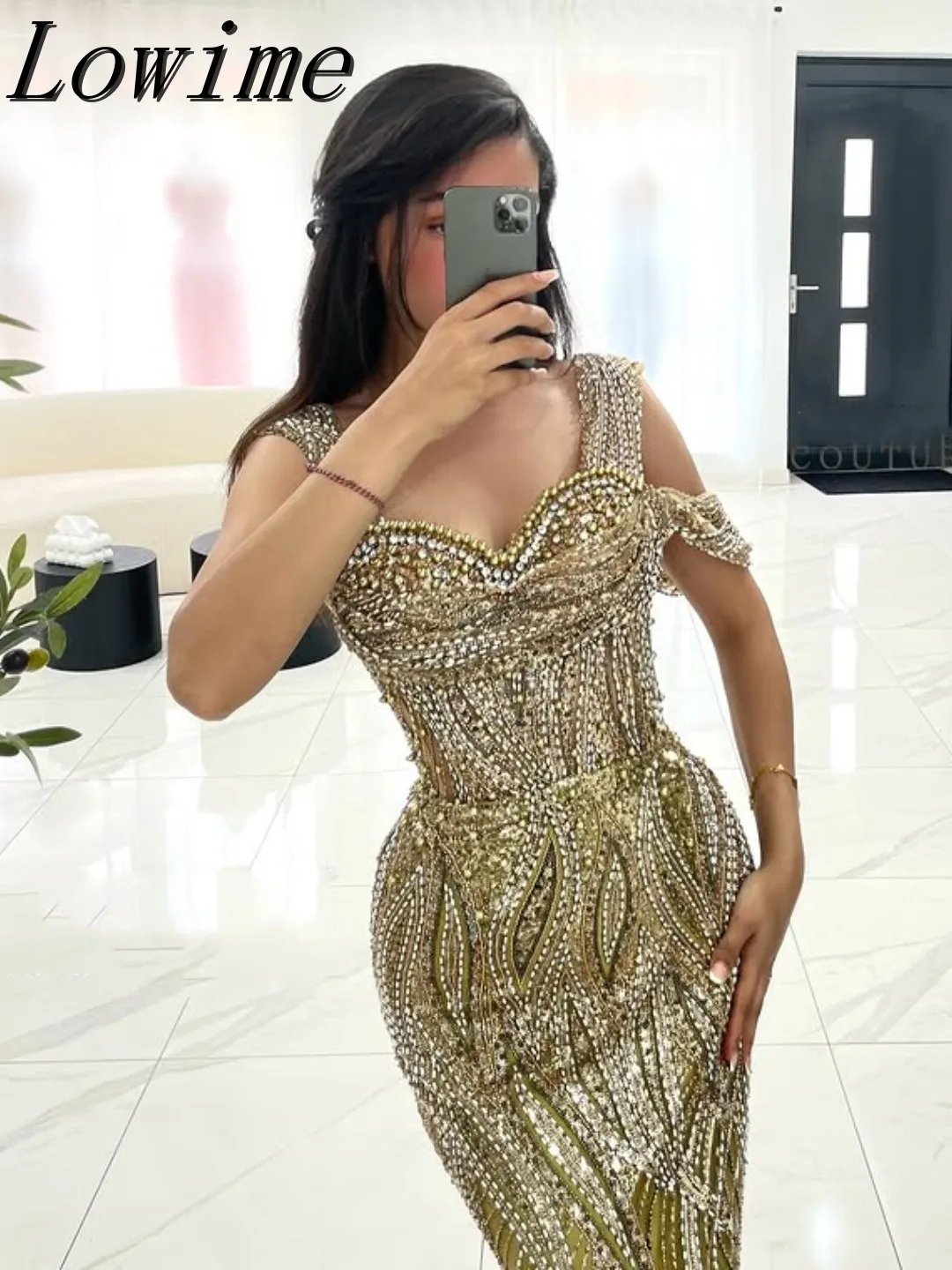 

Haute Couture Beaded Pearls Mermaid Evening Dress Green Crystal Celebrity Party Dresses Robe de Soiree Femme Customized