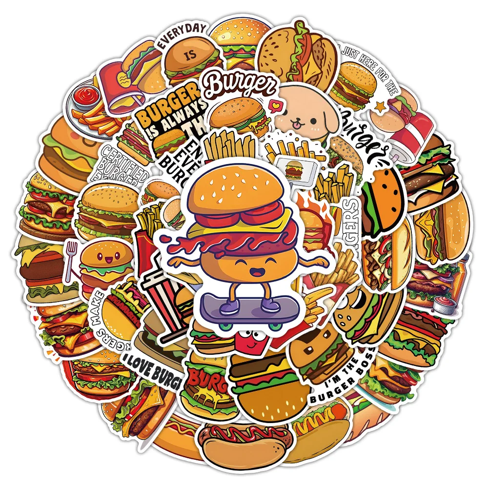

10/50PCS Hamburger Cartoon Stickers Fries Graffiti High Calorie Food Decoration Fridge Laptop Phone Guitar Car Bike Decals Toys