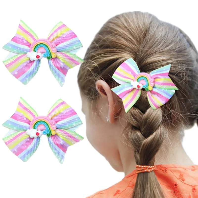 

ncmama 2Pcs 3" Glitter Rainbow Hair Bow for Baby Girls Cute Handmade Bowknote Hairpin Princess Headdress Korean Hair Accessories