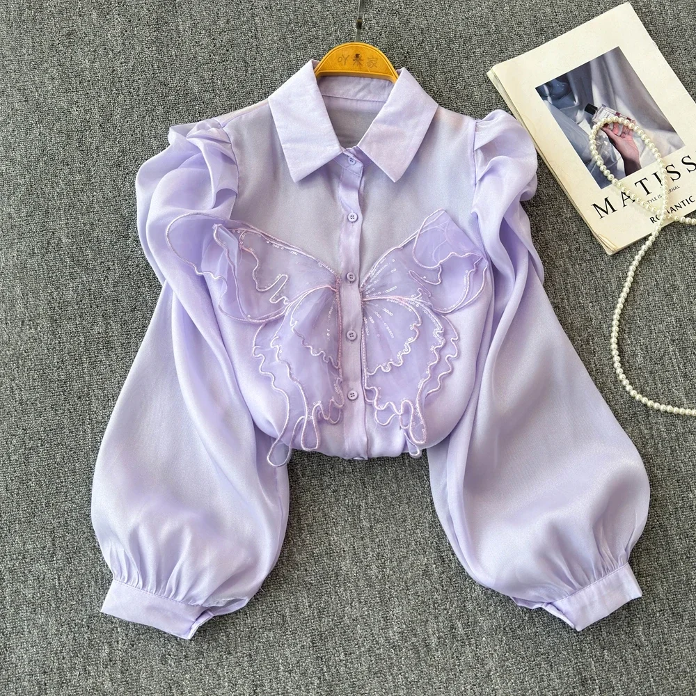 

Tie Flower butterfly Loose Shirt Women Elegant Transparent Long Sleeve Lapel Fashion 2026 Ladies Casual Slim Blouse