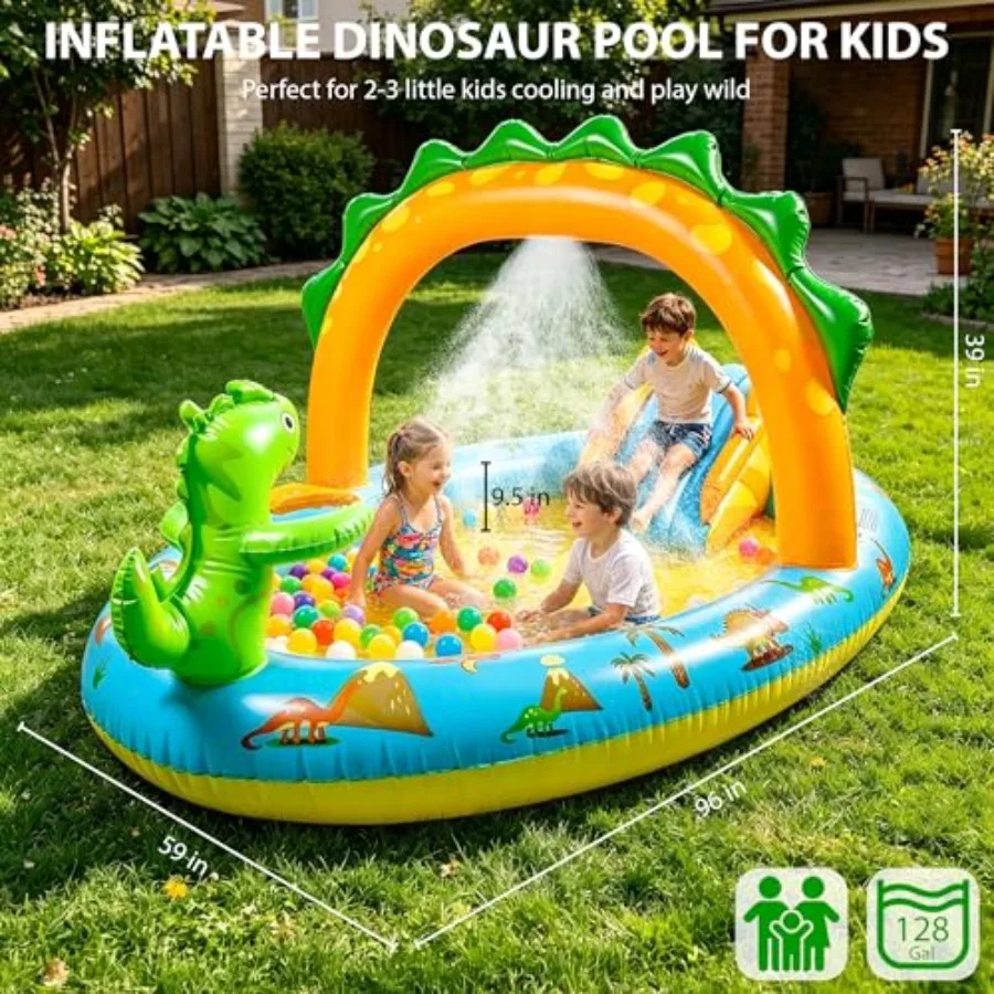 2026 Inflatable Play Center Kiddie Pool with Slide and Sprinkler for Backyard and Garden, PVC Blue, Durable UV-Resistant Materi