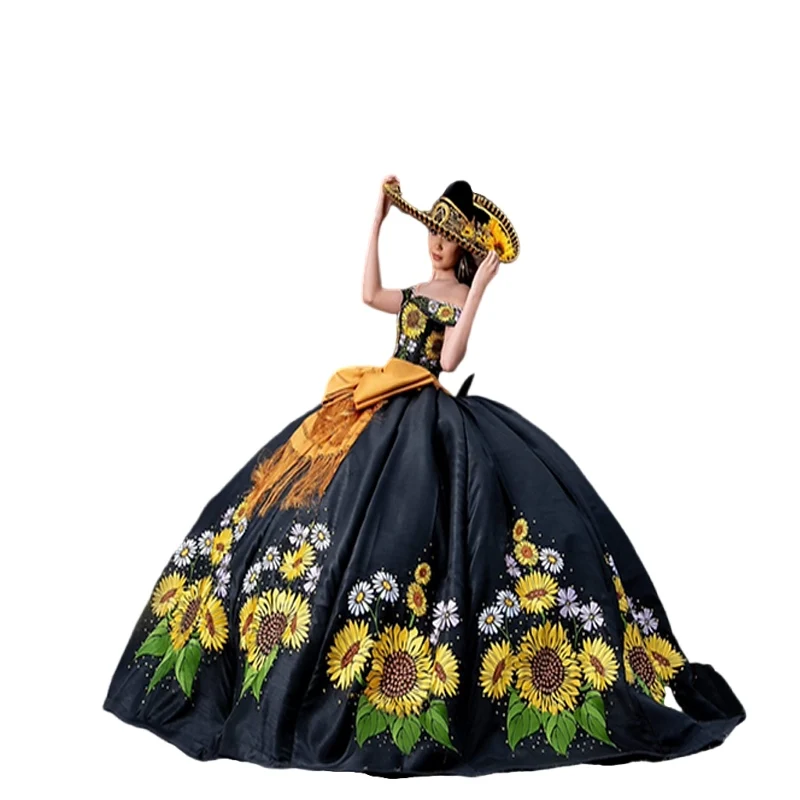 Sun Flower Embroidery princess Quinceanera Dresses Off Shoulder Black Mexican charro prom Sweet 16 Dresses Vestidos De 15 Años