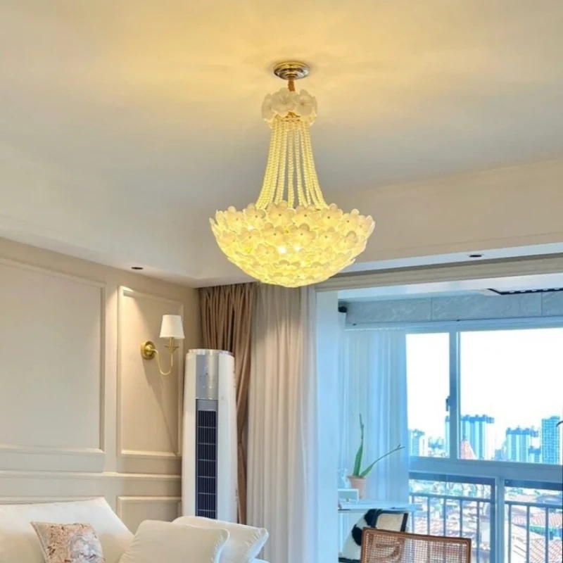 

American style white Glass Flowers chandelier lustre Hanging Pearl hanging chain decoration For Dining room Bar luminaire