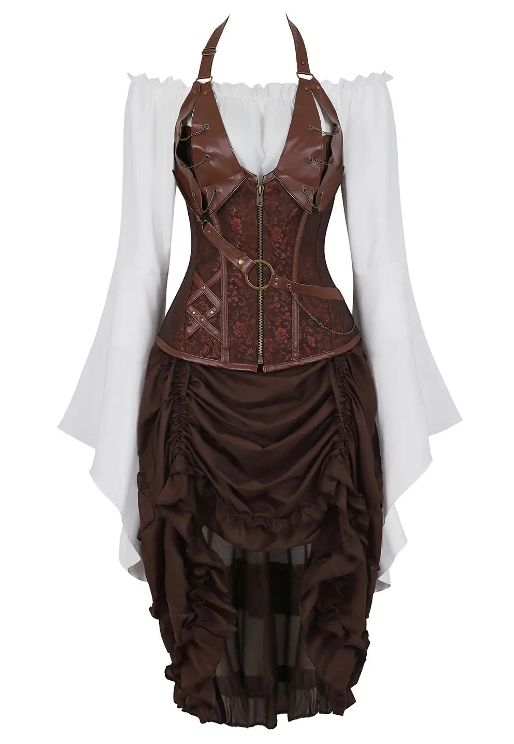 

Corset Bustiers with Pirate Skirt and Blouse Halter Faux Leather Korsage Sexy 3 Piece Masquerade Masquerade Dress for Women
