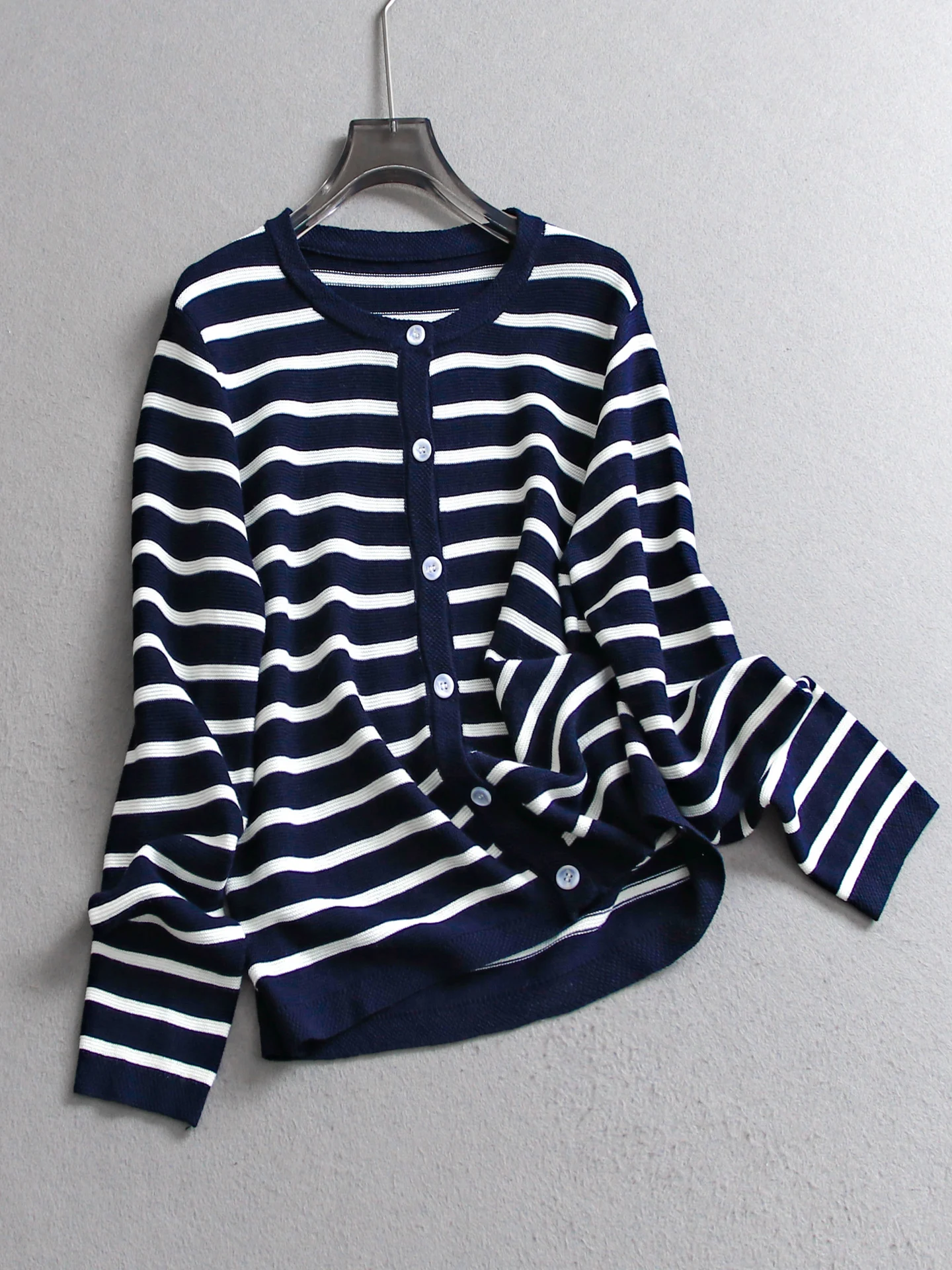 Soft Skin-Friendly round Ne Long Sve Women's Knitted Cardigan Versatile Striped Color Blo Outerwear Autumn New Arrival