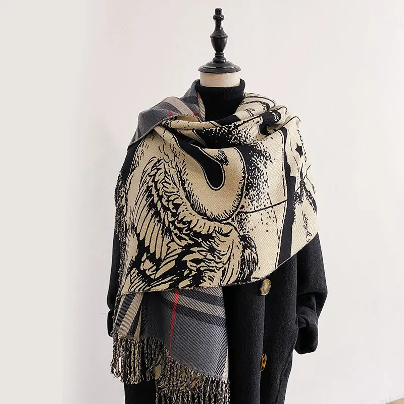 Thick Warm Scarf Fashion Swan Printed Scarf Warm Wool Pashima Sunscreen Shawl Four Seasons Blanket Long Tessel Echarpe 2024