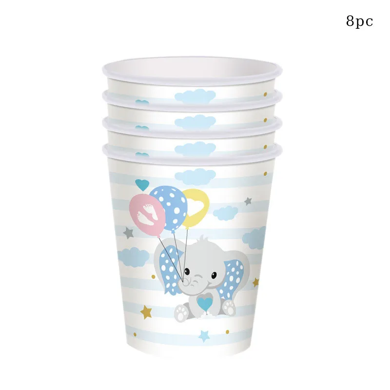 Cartoon Elephant Baby Footprints Disposable Tableware Pink Plates Cups Kids Boys Happy 1st Birthday Party Baby Shower Supplies