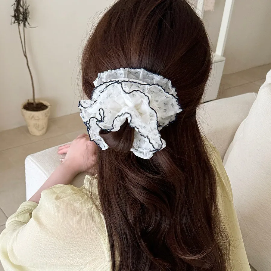 Double Layer Ruffle Lace Floral Scrunchie Elastic Hair Rope French Gentle Korean Fabric Headwear For Messy Bun