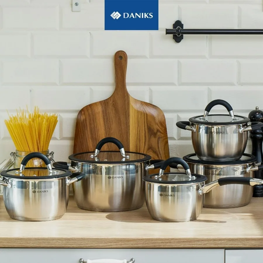 مجموعة أواني الطبخ التعريفي المصنوعة من الفولاذ المقاوم للصدأ مكونة من 11 قطعة من أورلاندو - قدر آمن للاستخدام في غسالة الأطباق، مقلاة، أوعية بمقابض مقاومة للحرارة، Gla #2