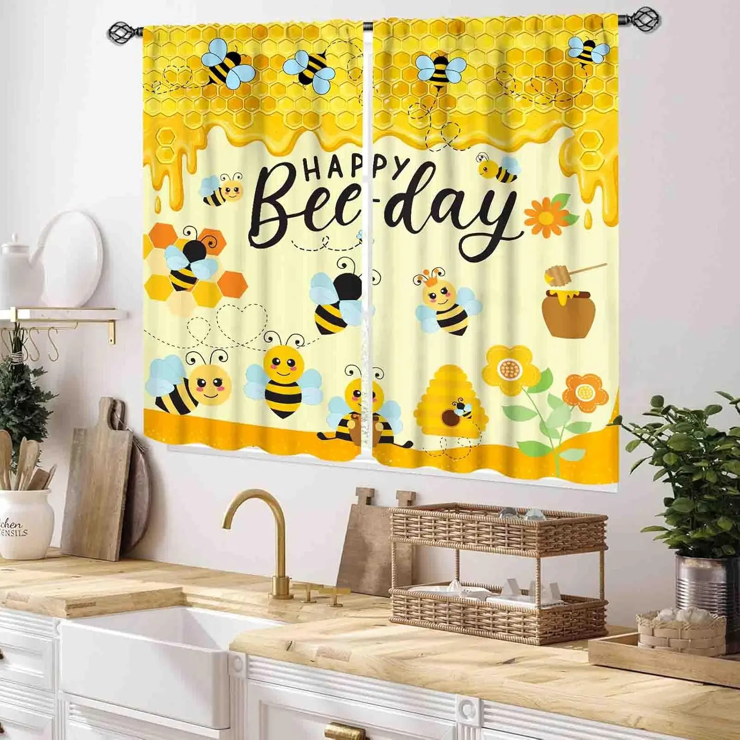 Bee Kitchen Curtains, Rustic Yellow Honeybee Spring Sunflower Honeycomb Inspirational Motivational Farmhouse Country Window