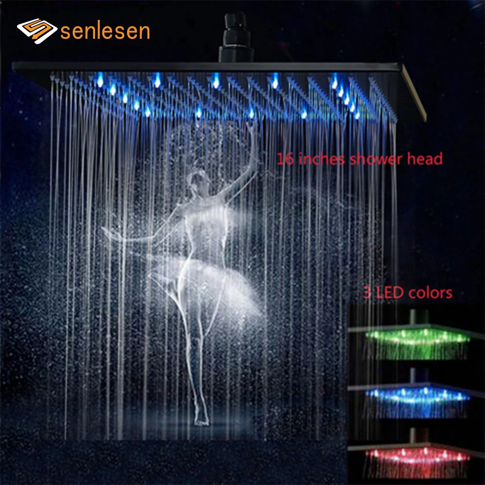 Senlesen 16inch LED Black Shower Head Thick and Ultra-thin Rainfall Square 40cm Color Changing Bathroom Shower Faucet Head