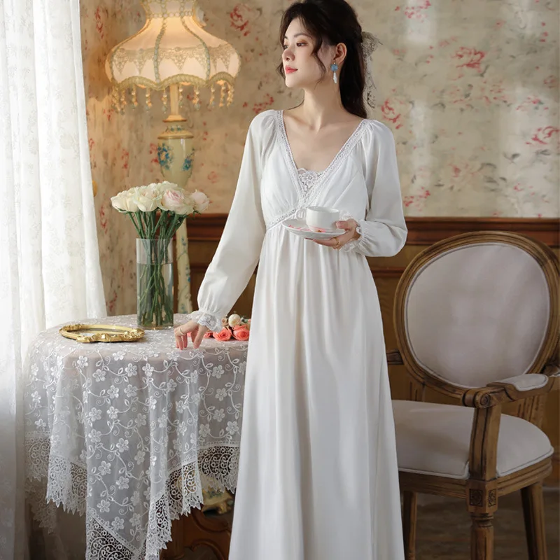 Court Style Elegant Nightdress For Women New Long Sleeve Spring Autumn Dress V Neck Cotton Night Wear Casual Nightgowns