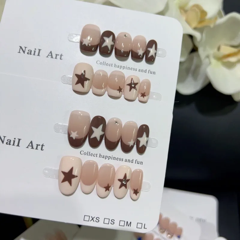 10pcs Handmade Nail Tips Star French Press on Nails with Sticky Tabs Autumn Fake Nails for Women Holiday Prosthetic Nail Set