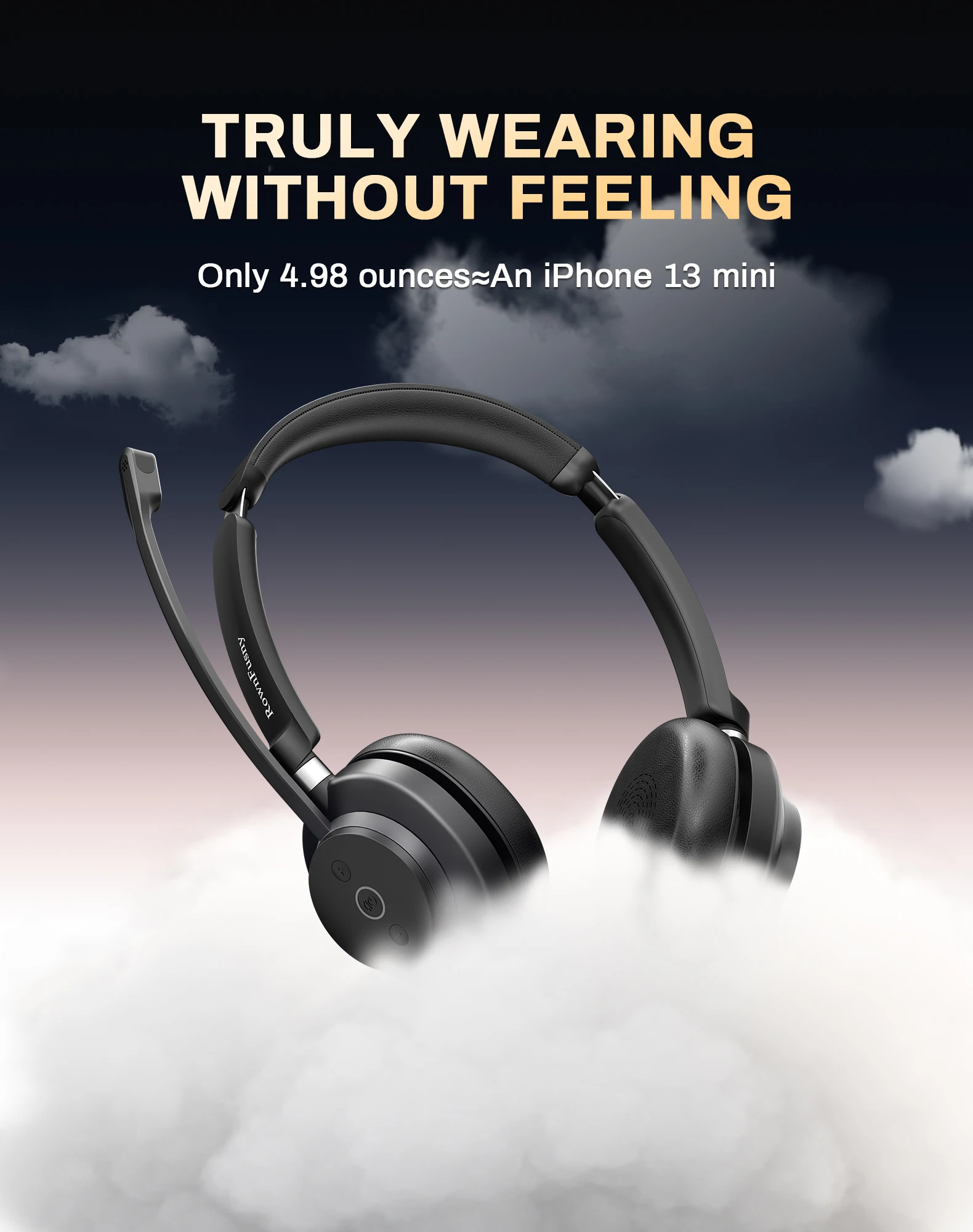 Rownfusny R02 Wireless Headset with Mic for Work USB Dongle Bluetooth Over Ear Headphones for Call Center Noise Cancelling